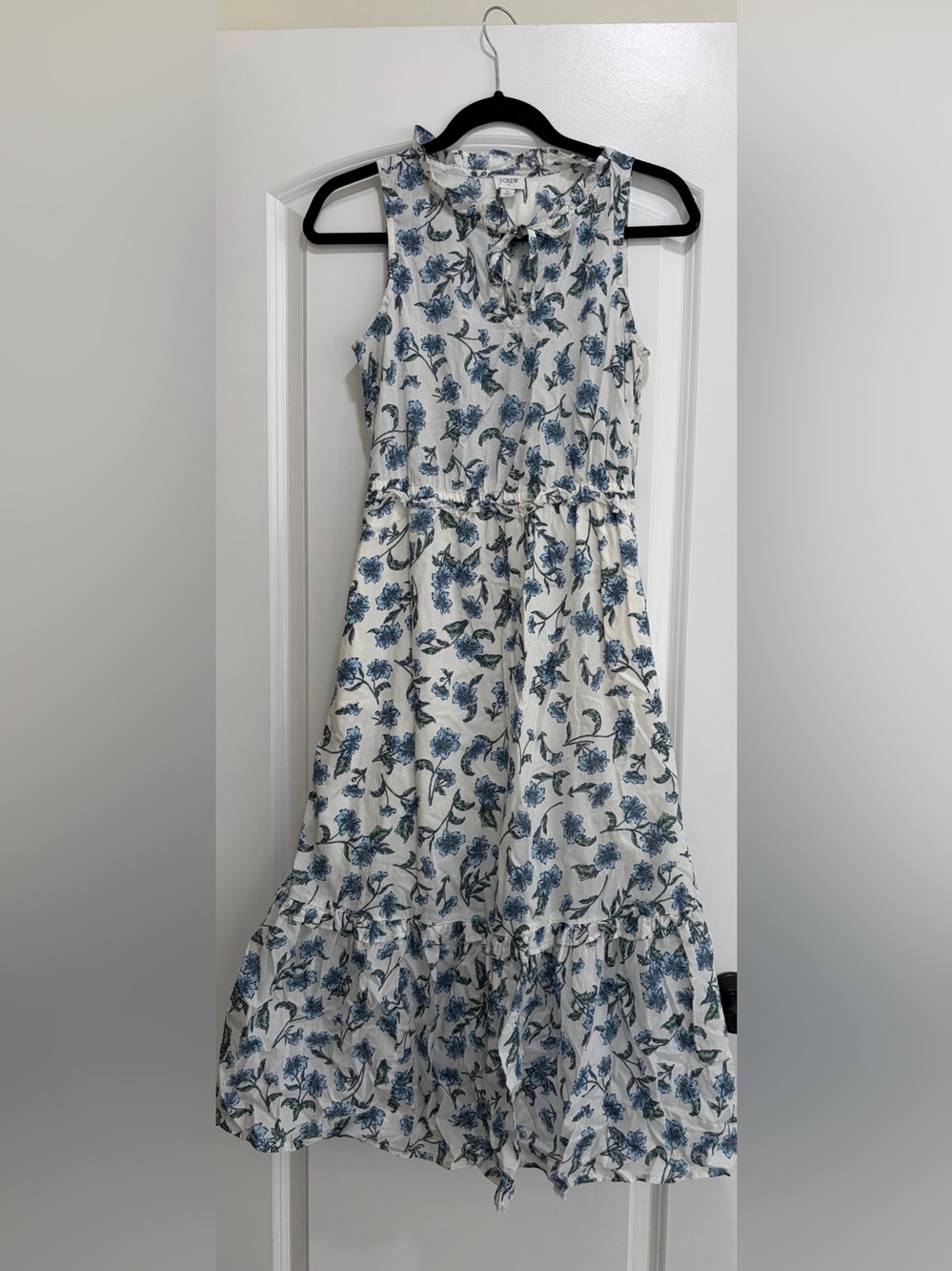 J.Crew Sleeveless Blue Floral Cotton Tiered Midi Dress.